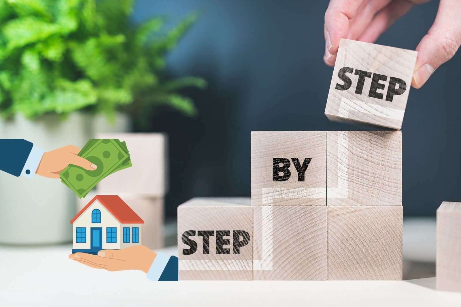 Hand stacking wooden blocks labeled “STEP BY STEP” to represent step-by-step process, planning, and goal progression, with house and money icons illustrating property investment, home buying, and financial growth.